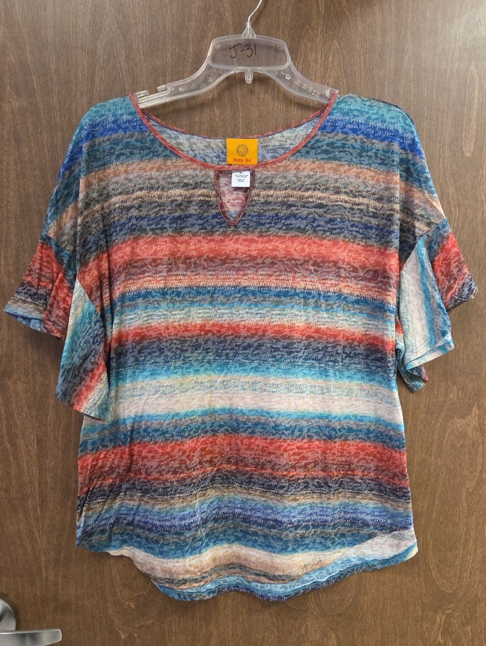 Ruby Rd. Striped Short Sleeve Keyhole Top — Teal, Blue & Rust